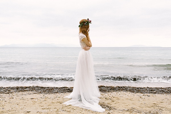 Backstage dreamy red winter bridal shoot on the beach