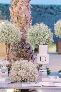 Εντυπωσιακός στολισμός dessert table γάμου με δέντρα από γυψοφίλη