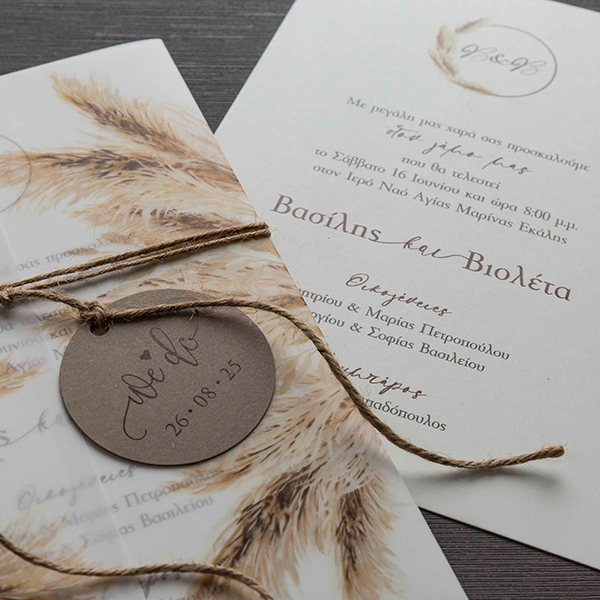 Μποέμ προσκλητήρια γάμου από Biniatian Invitations με διαφάνεια και δεμένα με σπάγκο