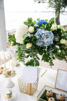 Όμορφη διακόσμηση candy table με λευκές και μπλε ορτανσίες